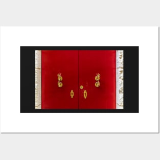 Red wooden door with golden vintage knockers Posters and Art